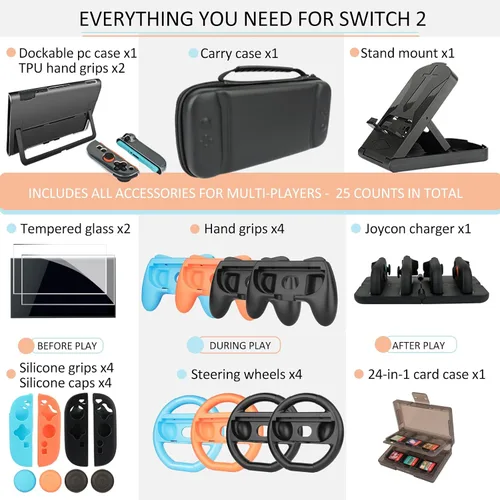 Vista 2 de Accessories for Switch 2 - Family Bundle for Nintendo Switch 2,Carry Case,Portable Joy Con Charger,4 Pack Steering Wheels and Hand Grips,Dockable