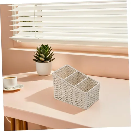 Vista 8 de DOITOOL Caja de almacenamiento trapezoidal de escritorio con 3 compartimentos, impermeable, simulada, tejida a mano, organizador para suministros