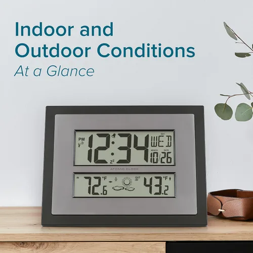 Vista 2 de La Crosse Technology 512-85937-INT Reloj de pared digital atómico con temperatura y pronóstico en gris/plateado