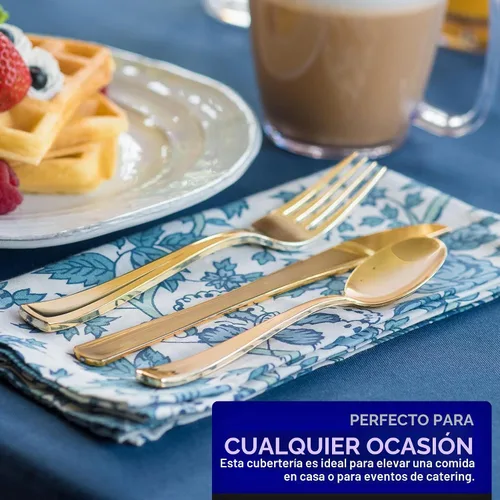 Vista 6 de Juego de cubiertos de plástico resistente (dorado) de 75 piezas, juego de cubiertos desechables, ideal para fiestas, bodas y catering, cubiertos