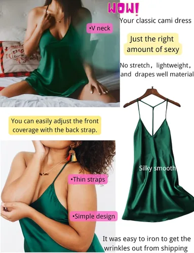 Vista 3 de Kaei&Shi Camisón de satén sedoso, lencería sin espalda para mujer, ropa de dormir suelta, mini camisón, camisola con tirantes delgados