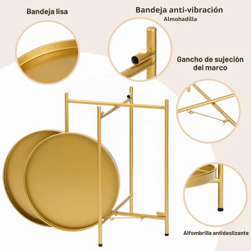 Vista 5 de Mesa auxiliar redonda de 2 niveles, pequeña mesa auxiliar de metal con bandeja extraíble, mesas de acento plegables para sala de estar, balcón