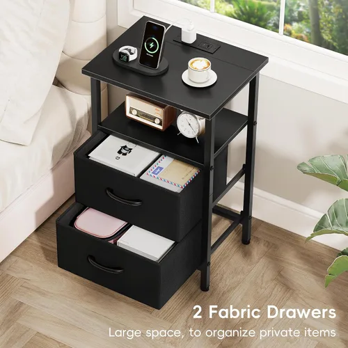 Vista 4 de Vagusicc Nightstand with Charging Station, End Table Bedside Table with 2 Fabric Drawers, Black Night Stand with USB Ports & Outlets, 24.2" Tall Bed