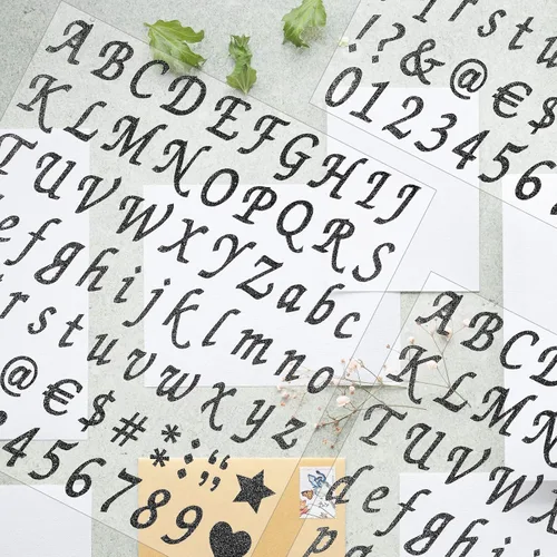 Vista 7 de 12 hojas de calcomanías de letras con purpurina, calcomanías autoadhesivas de números del alfabeto, calcomanías de letras y números para negro
