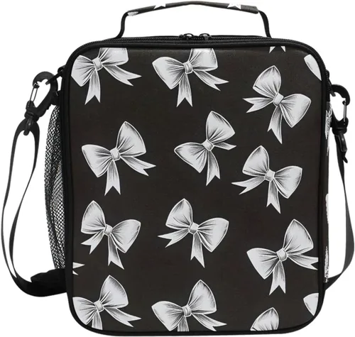 Vista 37 de Lonchera con patrón de cuadros blancos y negros, bolsa de almuerzo aislada, bolsa de preparación para niños, correa de hombro congelable a001