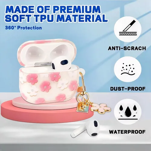 Vista 6 de Bonita funda compatible con AirPods 3 2021, diseño de patrón floral de dibujos animados para mujeres y niñas, funda protectora de silicona suave a