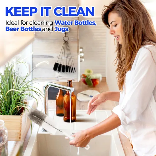 Vista 7 de Holikme Juego de 10 cepillos de limpieza de botellas, cepillo limpiador de botellas con mango largo de 15", cepillo de botella de agua con mango