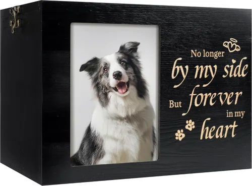 Vista 8 de Urnas para mascotas para perros o gatos cenizas con marco de fotos, caja de memoria de madera para recuerdos con franela negra como forro, regalos