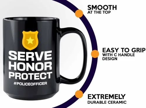 Vista 4 de Taza de café Policeman de 15 onzas, color negro, servir. Honor. Protege, suministros para fiestas de policía, agente de policía, policía