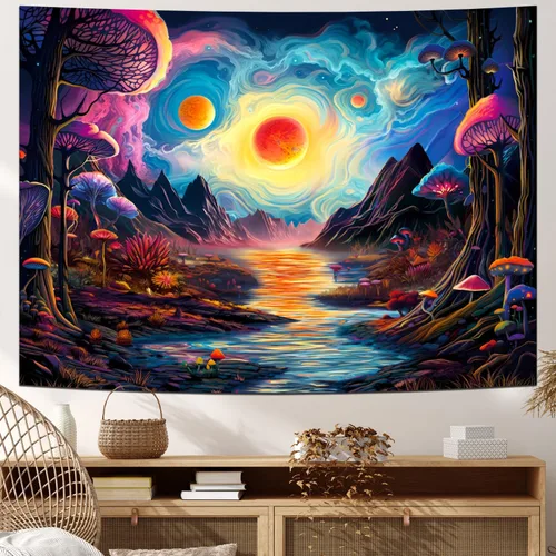 Vista 12 de Generleo Tapiz de plantas florales, tapices vintage, bohemio, flores, mariposas, cielo estrellado, paisaje, naturaleza, paisaje, tapiz para colgar