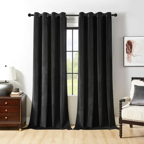Vista 22 de Joydeco Cortinas de terciopelo negro de 63 pulgadas de largo, 2 paneles, cortinas opacas de lujo con bolsillo para barra, cortinas de ventana