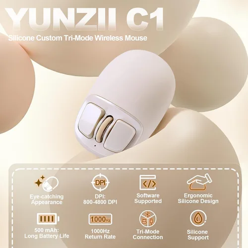 Vista 2 de YUNZll - Mouse inalámbrico de silicona C1, triple modo 2.4G/USB-C/Bluetooth, seguimiento óptico de 4800 DPl, 6 niveles de ajuste, mouse