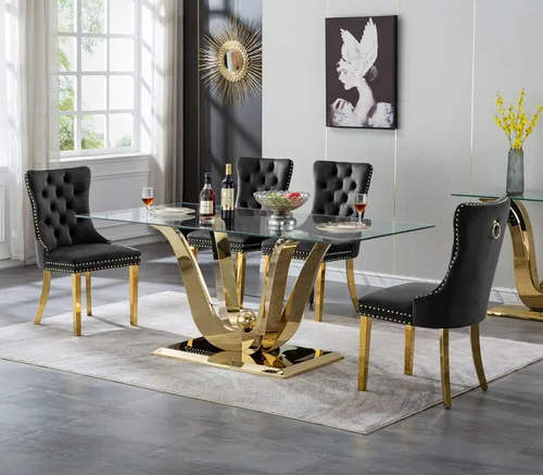 Vista 13 de SSLine Mesa de comedor de cristal dorado de 70 pulgadas para 4-6, base de Mesa de oro floral