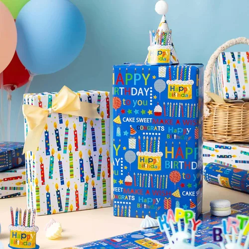 Vista 6 de Homeral Rollo de papel de regalo azul para cumpleaños - 17 pulgadas x 16.5 pies, con letras reversibles de "Feliz Cumpleaños" y velas coloridas.