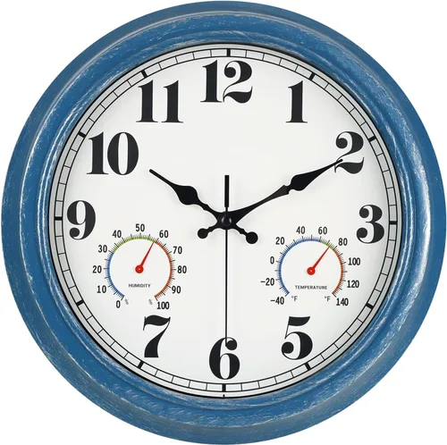 Vista 14 de JENLYSTIME Reloj de pared retro impermeable de 12 pulgadas para interior/exterior con termómetro, silencioso, redondo, de cuarzo, funciona con 40