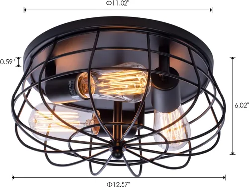 Vista 5 de VILUXY Lámpara de techo industrial negra semiempotrada de 3 luces rústicas con jaula de metal para cocina, sala de estar, comedor, dormitorio