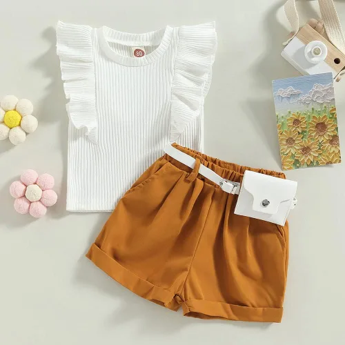 Vista 22 de TheFound Trajes de verano para niñas pequeñas, sin mangas, de punto acanalado, halter, pantalones cortos, ropa para recién nacidos, conjunto de 3