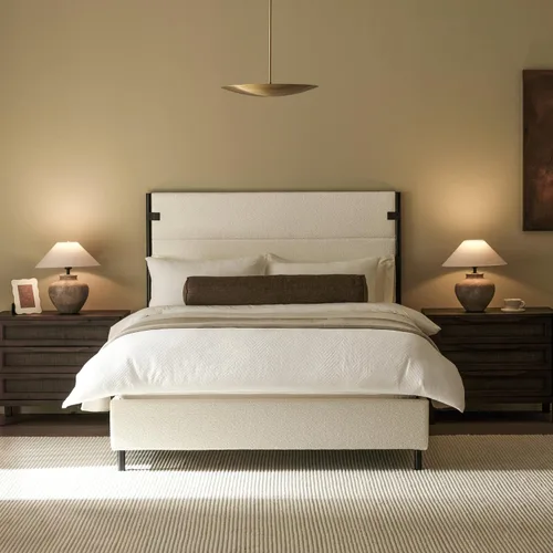 Vista 11 de Recci Base de cama tapizada de tamaño matrimonial con cabecero alto con Chenille beige