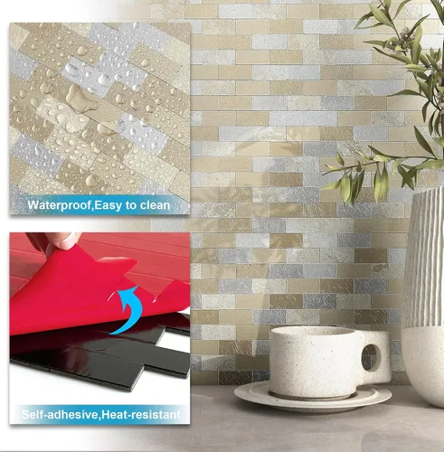 Vista 6 de BeNice Azulejos de metal para salpicaduras de cocina, despegar y pegar, azulejos de pared de baño, color beige (10 hojas)