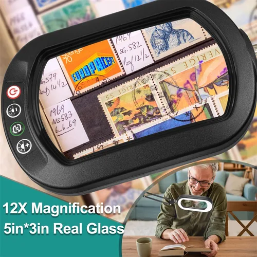 Vista 2 de IVMAIE Lupa rectangular 10X con luz, 5 modos de color, lupa regulable sin escalones con soporte, lámpara de escritorio con abrazadera iluminada LED