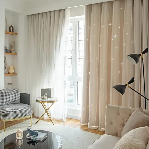 Vista 7 de Loyala Cortinas opacas con diseño de estrellas para dormitorio, doble capa, niños, bonitas, 84 pulgadas de largo, 1 panel, beige, 42 x 84 pulgadas