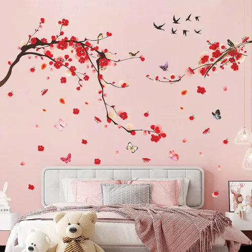 Vista 10 de Calcomanías románticas de pared de flores rojas 3D, ramas de árbol florales de ciruela, calcomanías de pared para bricolaje, flores de cerezo
