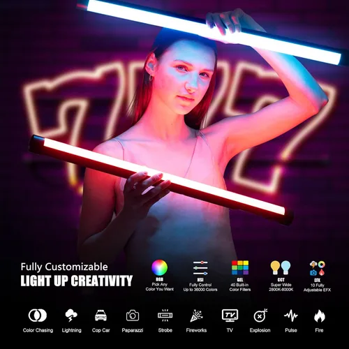 Vista 2 de Mettlelite TLX2 RGB Tubo de luz LED a todo color Luz de video portátil con APP Control DMX 2 pies 2800K-8000K CRI96 TLCI97 360° RGB CCT HSI Modo 10