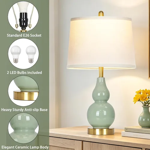 Vista 4 de Juego de 2 lámparas de cerámica de doble calabaza verde de 25 pulgadas, modernas lámparas de mesa de cerámica para sala de estar, elegantes lámparas