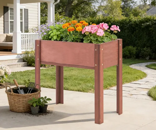 Vista 7 de Cama de jardín elevada con patas (31 x 16 x 31 pulgadas), maceta elevada de madera maciza para exteriores