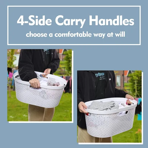Vista 6 de Paquete de 4 cestas para la ropa sucia con mango recortado, cestas de plástico blanco, 40 L Dirty Clothes Storage Hamper
