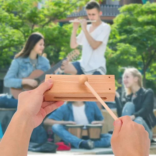 Vista 5 de Juego de 2 bloques de ritmo de madera maciza con mazo, instrumento de percusión musical duradero, apto para bloques de madera musical para adultos