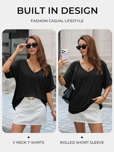 Vista 4 de UNCLECAT Camisetas de gran tamaño con cuello en V para mujer, camisas de manga corta de verano, holgadas, casuales