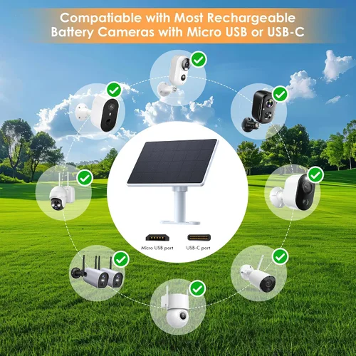 Vista 5 de Panel solar para cámara de seguridad, paneles solares de 6 W con puerto micro USB y USB-C para cámara exterior de 5 V CC, cargador solar para cámara