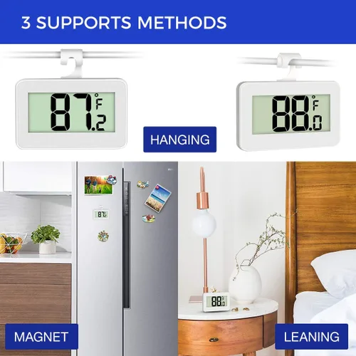 Vista 4 de Mini termómetro para nevera, paquete de 2 termómetros digitales para congelador, termómetro impermeable con gancho, pantalla LCD grande Termómetro