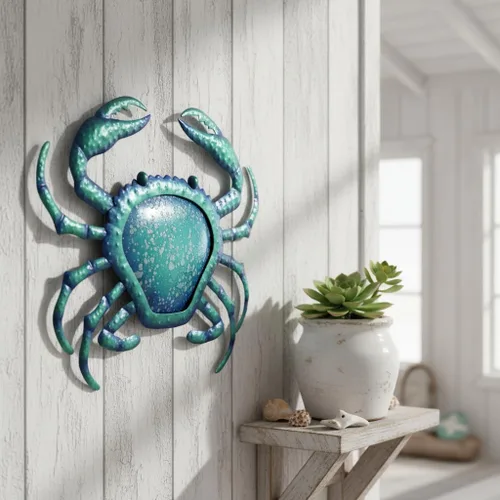 Vista 4 de Comfy Hour Decoración de pared de cangrejo de metal azul de 12 pulgadas, escultura temática náutica del océano, arte costero decorativo para playa