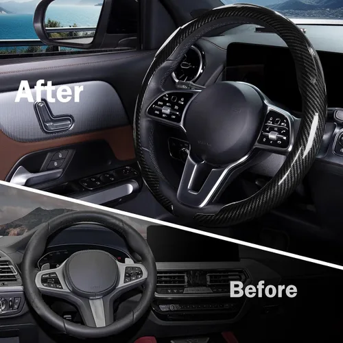 Vista 6 de Funda para volante de automóvil de fibra de carbono a presión, accesorios para volante, envoltura 14.5-15 pulgadas, agarre universal antideslizante