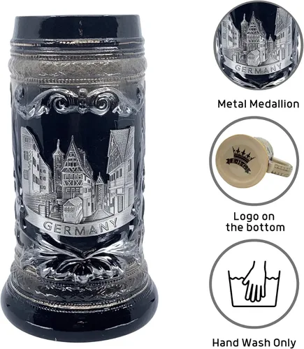 Vista 2 de Essence of Europe Gifts E.H.G - Jarra de cerveza alemana de Rothenburg con emblema de metal, 1 litro, jarra de cerámica con emblema de metal, jarra