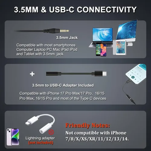 Vista 2 de Auriculares con cable Callez para computadora, auriculares de 3,5 mm/USB-C con micrófono con cancelación de ruido, auriculares para teléfono celular