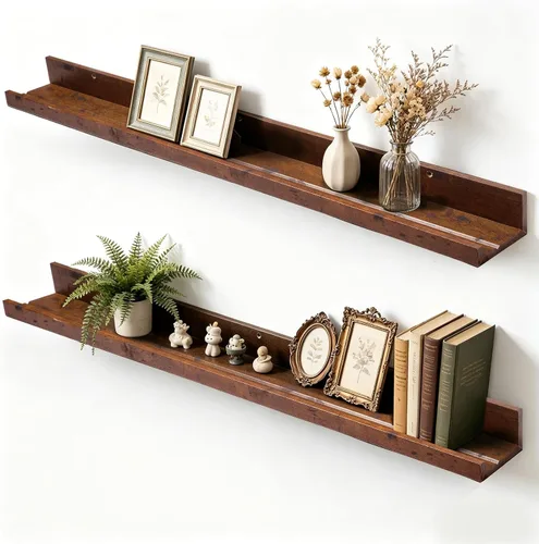 Vista 26 de Muzilife Estantes Flotantes de Pared Pequeños de 12" con Borde - Juego de 2 Estantes Flotantes de Madera - Repisa Negra Montada en Pared