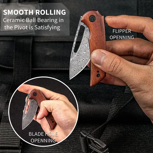 Vista 5 de CIVIVI Odium - Cuchillo plegable pequeño de Damasco, cuchillo de bolsillo flipper de 2.65 pulgadas para EDC y camping, mango de madera Cuibourtia