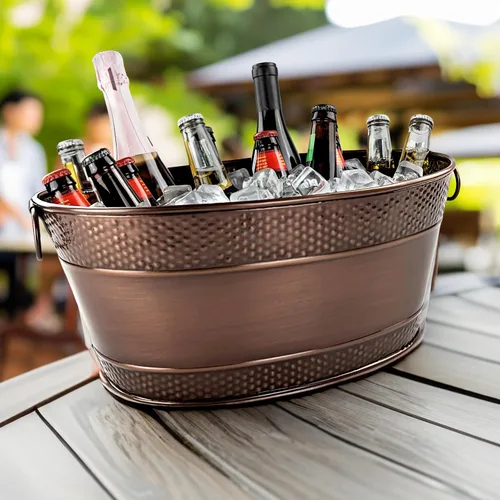 Vista 9 de BREKX Colt - Recipientes para bebidas con acabado de cobre para fiestas, cubetas ovaladas martilladas para 16 botellas para fiestas, cubos de hielo