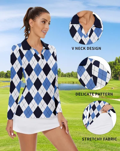 Vista 2 de Soneven Camisas de golf de manga larga para mujer que absorben la humedad, cuello en V, camisas polo de golf sin cuello