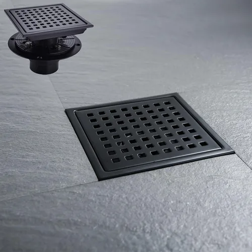 Vista 10 de Drenaje de ducha de 6 pulgadas en oro cepillado, kit de drenaje cuadrado para piso de ducha de acero inoxidable con rejilla de inserción de azulejos
