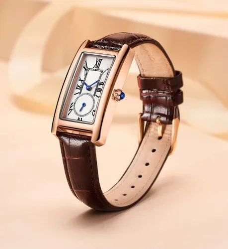 Vista 7 de carlien Reloj de cuarzo para mujer, elegante, rectángulo, vestido con correa de cuero y corona de cristal azul