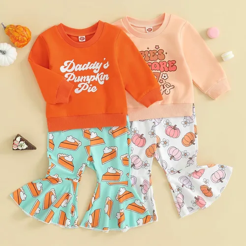 Vista 2 de DuAnyozu Traje de Halloween para bebé niña, camiseta de manga larga, camiseta con letras de calabaza, pantalones de campana, ropa de otoño + diadema
