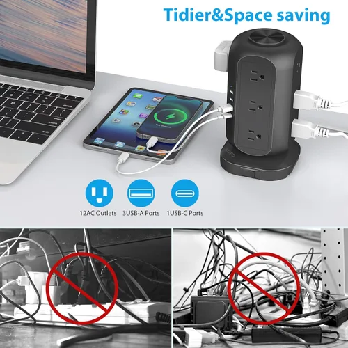Vista 2 de Torre de tira de alimentación AOFO con protector contra sobretensiones, 12 tomas de CA con estación de carga de 4 USB (1 USB C) con protección
