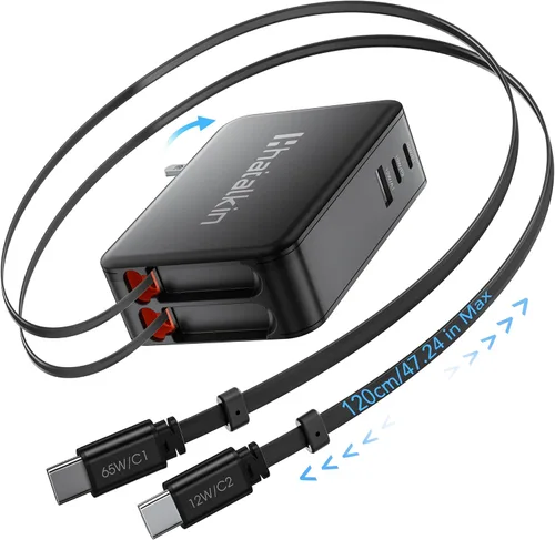 Vista 11 de 65W para cargador MacBook Pro, enchufe de pared retráctil de 5 en 1 para iPhone 17, cable PD USB C de 1,2 m de doble longitud y 3 puertos, bloque