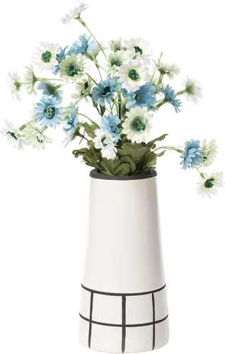 Vista 3 de Florero cónico moderno pintado de cerámica de la tabla de la flor de la rejilla de 7" H, blanco y negro