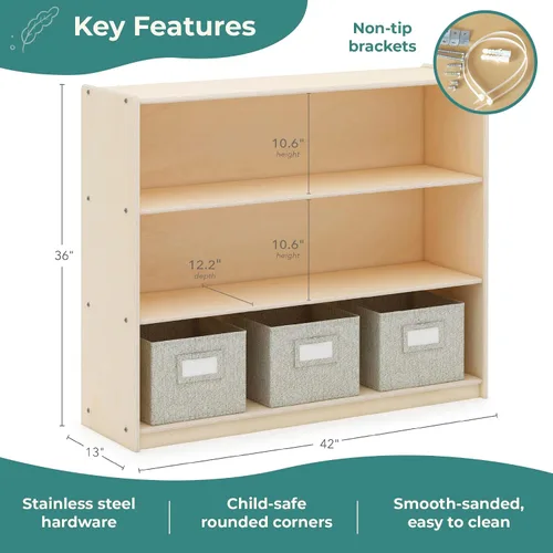 Vista 2 de Guidecraft EdQ - Almacenamiento abierto de tres estantes naturales con 3 contenedores de tela: estanterías de madera para niños y organizador