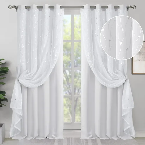 Vista 15 de BGment Cortinas de oscurecimiento de habitación con superposición transparente, cortinas de tul estampado plateado de doble capa para sala de estar